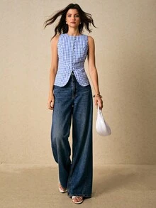 Poéselle Camisa de mujer sin mangas con decoración de botones en la cintura, estilo casual de verano a cuadros