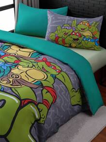 TEENAGE MUTANT NINJA TURTLES | SHEIN 3pcs Bedding Set, Soft & Breathable Cozy Warm Cartoon Turtle Pattern Gray Duvet Cover - Grey - View 6