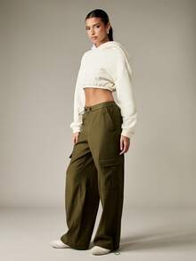 MISSGUIDED 阔腿工装降落伞裤高腰抽绳休闲宽松军装风格秋冬日常街头服饰节日时尚长裤 - 軍綠色 - 查看 6
