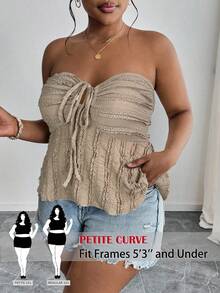 SHEIN PETITE CURVE 大码女式夏季休闲通勤度假风格纯色蕾丝拼布前系带紧身胸衣娃娃装抹胸上衣 - 摩卡棕 - 查看 1