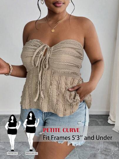 SHEIN PETITE CURVE 大码女式夏季休闲通勤度假风格纯色蕾丝拼布前系带紧身胸衣娃娃装抹胸上衣