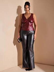 SHEIN BAE 休闲百搭时尚性感修身V领大码女式背心 - 酒紅色 - 查看 2