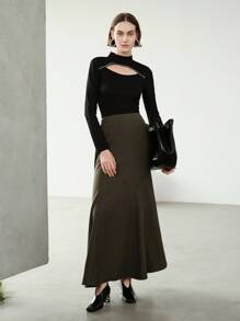 Uhlyne 女士休闲优雅日常通勤梭织纯棕色修身喇叭裙，秋季 - 咖啡棕 - 查看 5