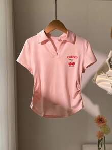 青少年女孩休闲樱桃印花褶皱 T 恤，夏季 - 淺粉色 - 查看 1