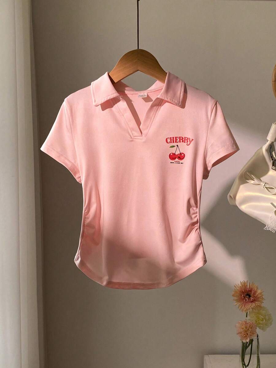 青少年女孩休闲樱桃印花褶皱 T 恤，夏季 - 淺粉色 - 查看 1