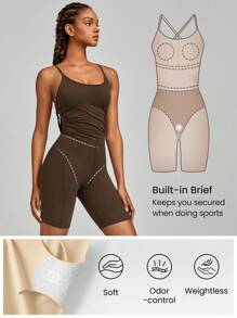 GLOWMODE 6" FeatherFit™ Peekaboo Pleated Adjustable Romper Bodysuit With Built-In Underwear Light Support Low Impact Yoga Studio Summer - Cinnamoninspiration - View 3