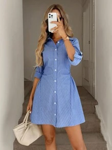 Easowa 领口系带袖褶皱腰 A 字衬衫裙，休闲宽松通勤复古条纹棉混纺短款连衣裙，女士 - 藍白色 - 查看 3