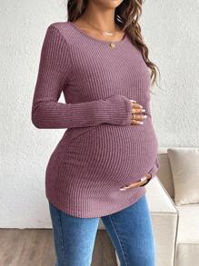 SHEIN 纯色简约哺乳上衣，圆领，长袖 - 粉色 - 查看 6
