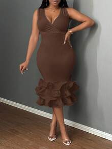 Slaydiva Elegant Bodycon Deep V-Neck Ruffle Hem Dress - E - Brown - View 5