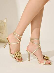 CUCCOO CHICEST Sandalias de tacón alto con puntera redonda, elegantes, glamorosas y sensuales, con decoración de flor de rosa de metal dorado - Dorado - Ver 4