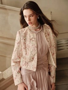 Savoree Romantic, Elegant, Exquisite Lady's Floral Print, Embossed Texture, Sequins Decor Long Sleeve Round Neck Short Jacket, Suitable For Spring & Autumn
