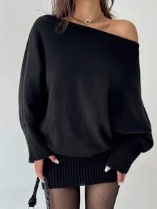 Aloruh Y2K 风格百搭不对称肩黑色长袖修身腰身毛衣裙，休闲/通勤，秋冬复古美式美学 - 黑色 - 查看 4