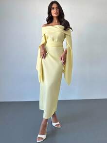 Firerie 优雅纯色露肩长袖褶皱腰 A 字中长连衣裙，适合日常、度假、返校、毕业典礼、派对 - 奶油黄 - 黃色 - 查看 7