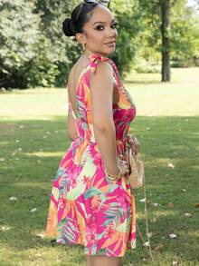 Melissa Matos Vestidos femininos de padrão tecido tropical floral com nó de cabo, curto e colado, ideal para férias, vestido tropical, vestido de praia, vestidos de verão para mulheres - Pink - Visão 5