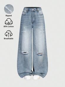 Sparklyn 少女破洞宽松阔腿休闲复古蓝色牛仔裤 - 藍色 - 查看 9