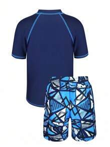 青少年男童泳装套装：短袖防晒衣上衣和沙滩短裤，夏季休闲运动泳衣 - 彩色 - 查看 2