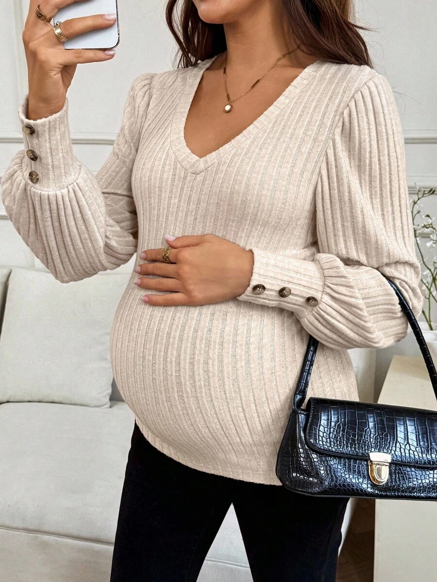 SHEIN 孕妇休闲纯色长袖上衣 - 杏色 - 查看 1