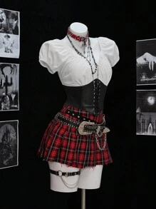 Elamini 女士性感西式上衣，腰带、荷叶边和深色美学设计，时尚别致，适合万圣节穿着 - 彩色 - 查看 6