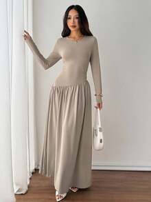 SHEIN PETITE Váy dài tay viền bèo nhún thanh lịch cho mùa xuân và mùa thu - Cà phê - Xem 8