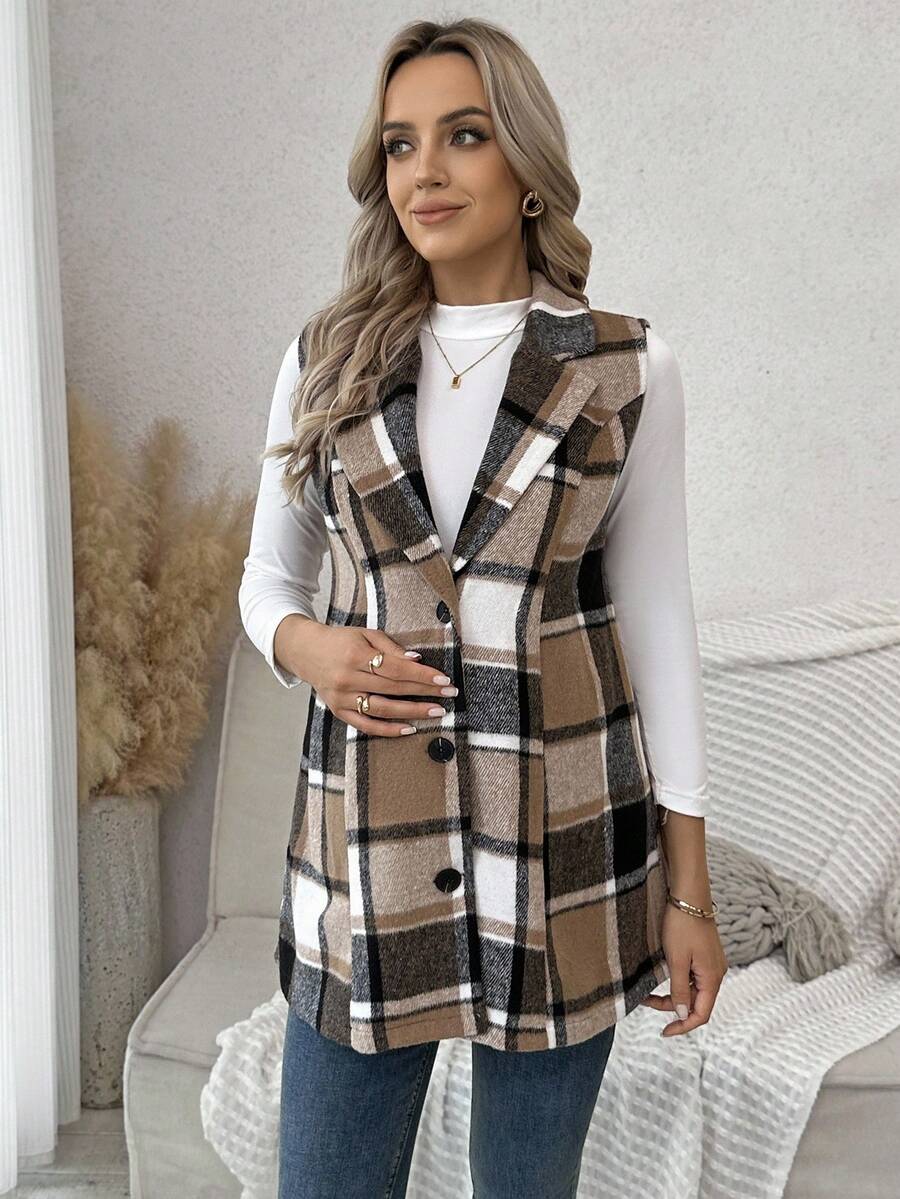 SHEIN Chaqueta sin mangas a cuadros casual y cómoda para embarazadas - Camel - Ver 1