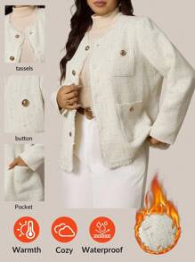 Zelara Plus Size Jacket, Fashionable And Elegant Tassel Edge Commuter Jacket, Round Neck Long Sleeve Exquisite Lady Style Jacket, Woven Textured Fabric, Four Pockets, Metal Button Decoration, Front Center Button, Upgraded Warmth Effect Women'S Autumn Clothing, Winter Jacket, Women'S Winter Clothing, Halloween Costume Women, Halloween Jacket, Business Professional Women, Business Casual Women, Elegant And Fashionable Commuter, Commuter Simple Office Old Style Jacket, Elegant Jacket, Waist Slim Jacket, Suitable For Daily Wear, Functional Pockets Fall - White - View 10