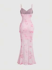 SHEIN MOD Summer V-Neck Spliced Ruffle Hem High Slit Tie Dye Print Pink Dress, Party Dress, Party Outfit, Beach Dress, Beach Outfits For Women, Elegant Dresses For Women, Vacation Outfits Women, Vacation Dress, Holiday Dress, Floral Dress For Women, Pink Dress, Retro Floral Dress, Garden Party Formal Dress, Vacation Dinner Dress - Pink - View 2