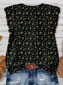 EMERY ROSE Blusa holgada con cuello en V, dobladillo con volantes y estampado floral negro, adecuada para el verano, tallas grandes para mujeres