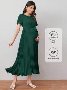 MaterniWear Váy bầu cổ tròn xếp ly màu trơn đơn giản cho bà bầu - Màu xanh lá cây đậm - Xem 3