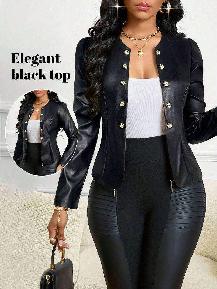 SHEIN Lady PU Leather Moto Jacket Women's Elegant Open Front Jacket Black Coat In Fall/Winter - Black - View 1