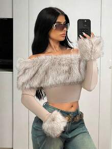 SHEIN ICON 女士长袖时尚露肩毛边长袖短款上衣露肩上衣毛边上衣 - 杏色 - 查看 3