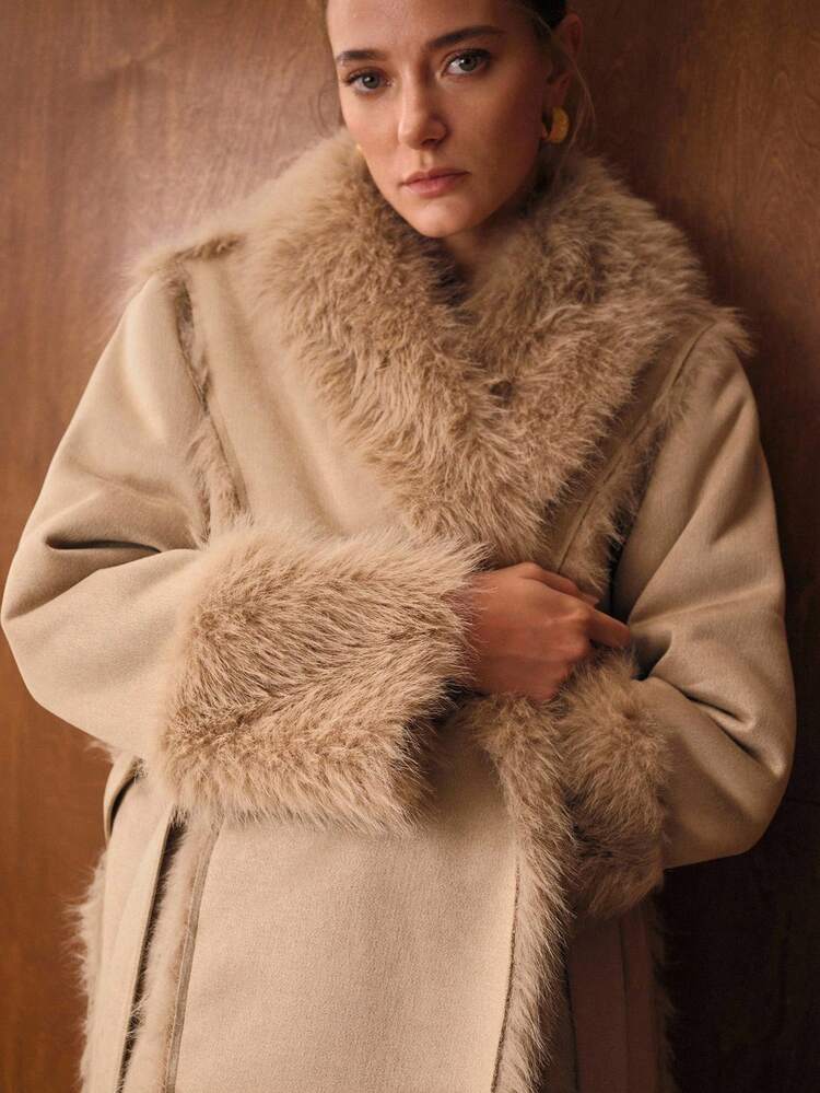 Elegant Long Sleeve Coat With Large Lapel, Tie-Up Waist