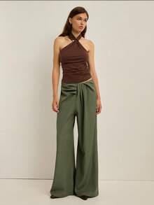 Nöista Pantalones de pierna ancha con detalles de pliegues en la parte delantera y cremallera invisible en la costura lateral. Ropa de mujer elegante para primavera, vacaciones, verano. Vacaciones de lujo, salir, boda, fiesta, festival, vacaciones, verano - Verde - Ver 3
