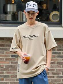 SHEIN Tween Boys Khaki Letter Print Short Sleeve T-Shirt,Minimalist Silhouette Soft Fabric Comfortable Fashion Beige Summer Casual School Outdoor Activities - Khaki - View 2