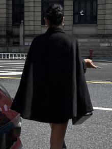 DAZY 女士加大码加厚羊毛披肩外套，复古优雅高端秋冬斗篷夹克 - 黑色 - 查看 2