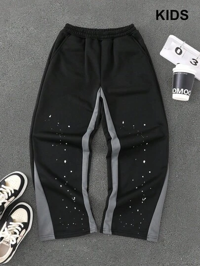 PAVTROS 1 st. pojkars bekväma svarta stickade lapptäcksbyxor med vida ben, gatustil, höst/vinter