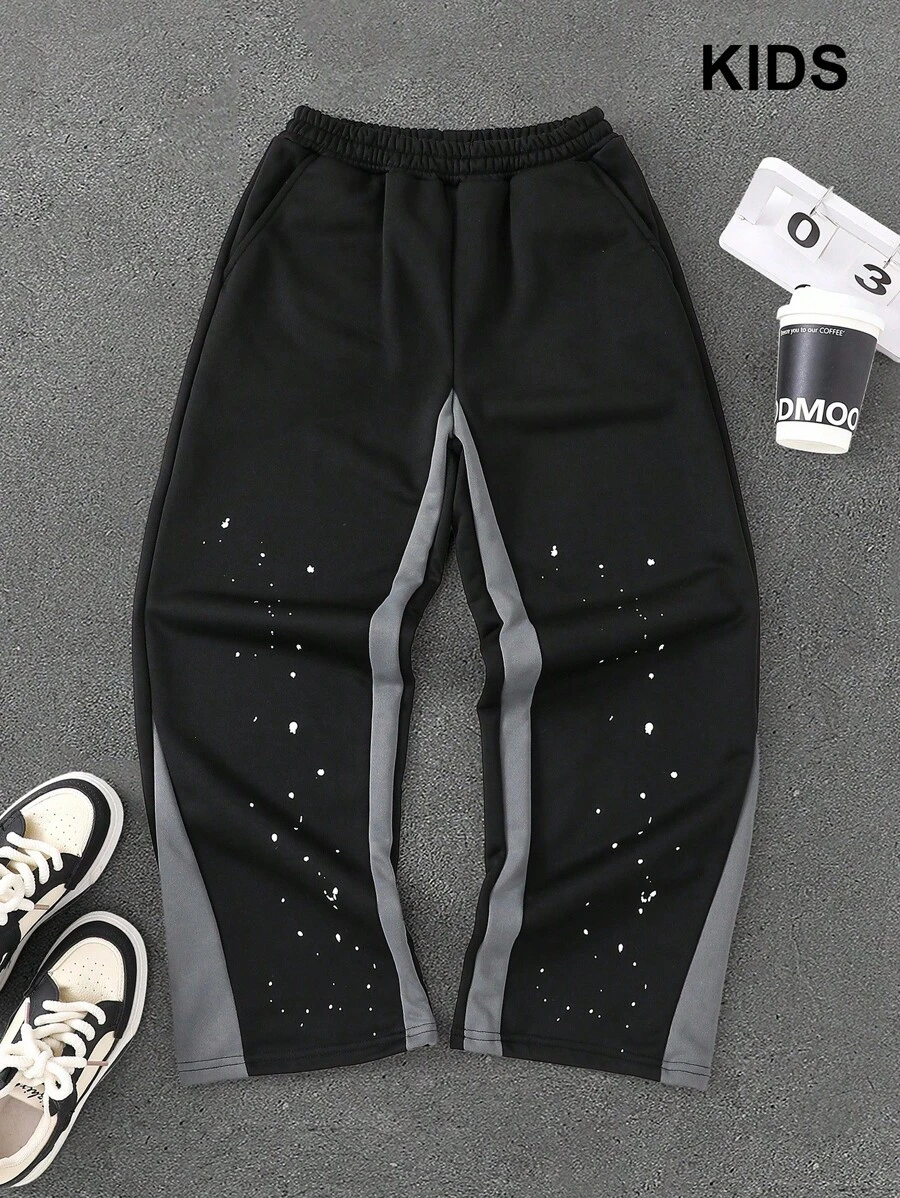 PAVTROS 1pc Boys' Casual Comfortable Black Knit Patchwork Wide Leg Pants, Street Style, Autumn/Winter - Black - View 1