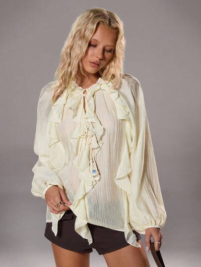 TRNVIE 1pc Women's Apricot Chiffon Lantern Sleeve Loose Fit Blouse With Ruffle Hem, Textured Semi-Sheer Design, Casual Street Style, Autumn/Winter