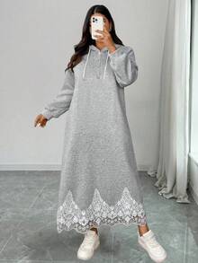 Elenzga Plus Size Women's French Style Casual Backprint Long Sweatshirt Dress Hooded Dress Sweater Dress Women Long Casual Dress Lace Trim Dress Long Sleeve Hooded Dress Winter Fall Autumn - Light Grey - View 5