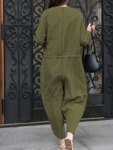 INAWLY Bộ đồ liền thân dài tay rộng rãi tối giản thời trang dành cho nữ, thích hợp cho kỳ nghỉ - màu xanh lá - Xem 5