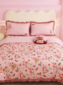 Strawberry Shortcake X SHEIN 3 Pc Cartoon Figure & Strawberry Gingham Ruffle Trim Bedding Set,Suitable For Single Bed/Double Bed/Queen Bed/King Bed, Dormitory/Home,Gift Ideas, Summer / Spring - Multicolor - View 2