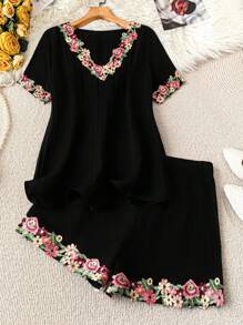 SHEIN LUNE Áo Maxi hai mảnh họa tiết ren tương phản cổ chữ V giản dị tay ngắn cho nữ cỡ lớn, mùa xuân/hè - màu đen - Xem 1