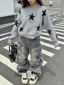 DAZY 女式宽松圆领印花街头风毛衣秋季 - 灰色 - 查看 11