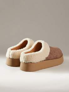 女士休闲保暖圆头拖鞋，棕色厚底平底鞋 - 棕色 - 查看 4