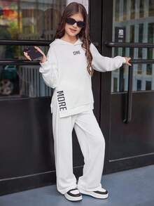 Tween Girl Letter Graphic Hoodie And Sweatpants Set, Casual Sports, Autumn Fall Winter - White - View 7