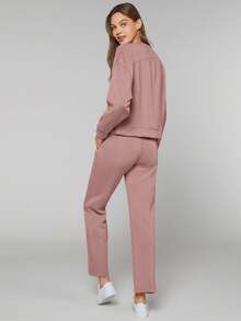 GLOWMODE Modal Silky Smooth Loose Drop Shoulder Crew Neck Side Slits Sweatshirt With Thumbholes Daily Casual  Spring Summer - Dusty Pink - View 9