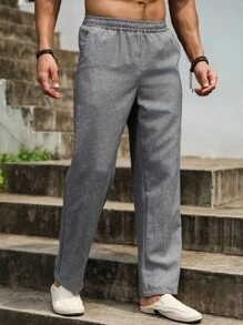 Manfinity Homme 男士纯色休闲裤，简约百搭，秋季 - 灰色 - 查看 8