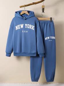 2pcs BASICS Kids Tween Girl Casual Everyday Versatile Comfortable Letter & Graphic Print Hoodie Sweatshirt And Relaxed Fit Jogger Pants Set, Suitable For Commuting, School, Casual, Holiday, Sports, Spring/Summer/Fall/Winter - Blue - View 2