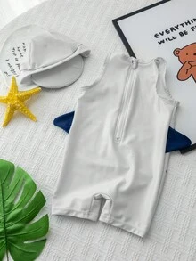 SHEIN 男婴/女婴两件套：蓝色无袖拉链连体泳衣，3D 海豚印花，配配套帽子，可爱海豚图案，适合海滩、游泳、度假 - 彩色 - 查看 2