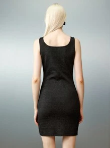 Airlisse 无袖方领紧身短款银色金属女式迷你裙 - 黑色 - 查看 7