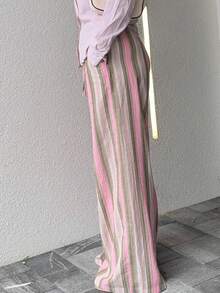 Jeta Ari Pantalones largos de algodón y lino a rayas para mujeres, pantalones informales de pierna ancha para playa y vacaciones, estilo natural elegante, para verano